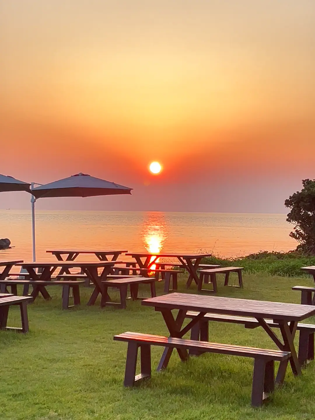 テラス席から見た玄界灘に沈む夕陽