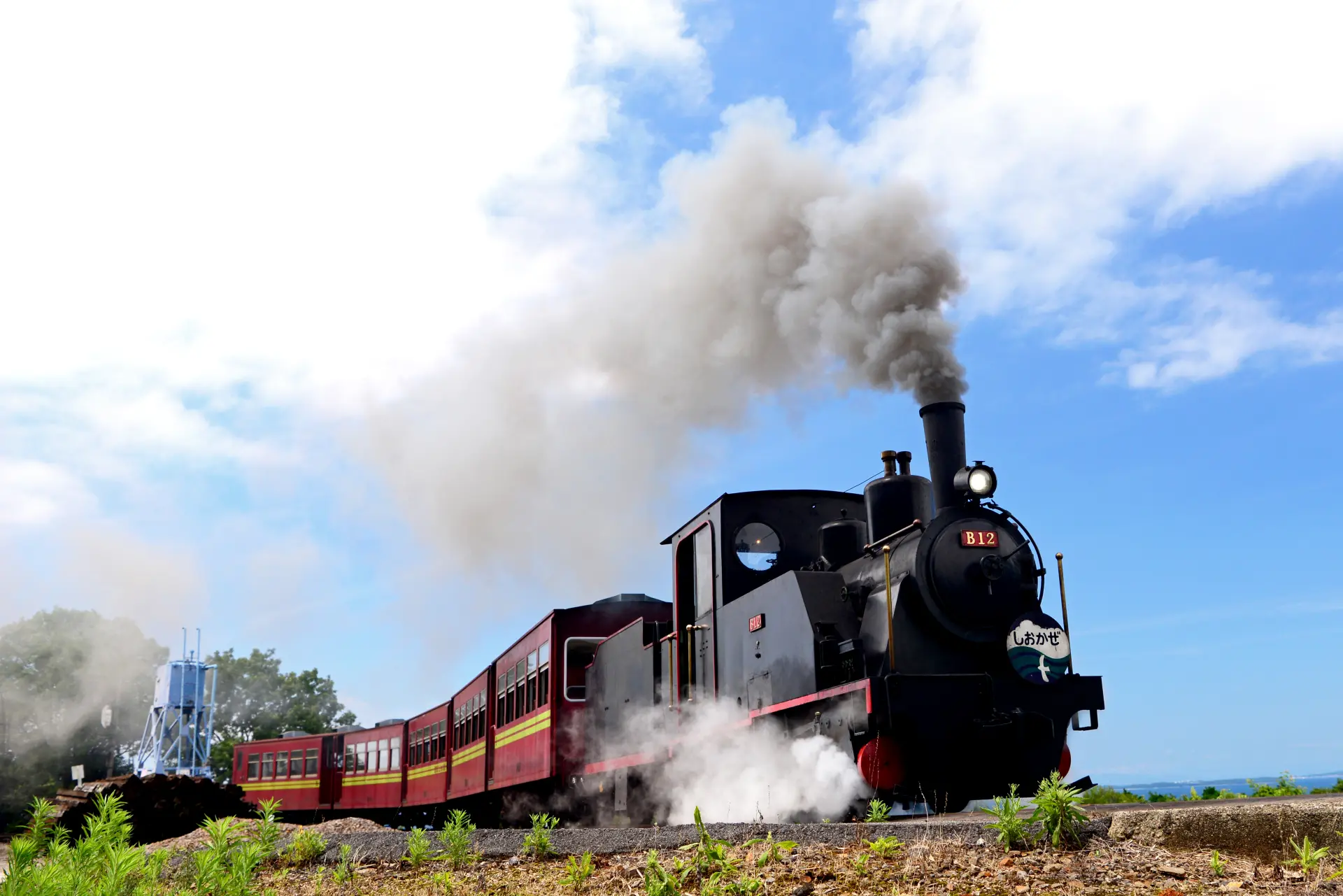 煙を上げて走る蒸気機関車。黒い車体と白い蒸気が力強い