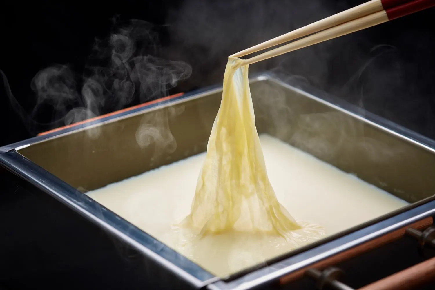 できたての湯葉を自分で引き上げて味わう「引き上げ湯葉」