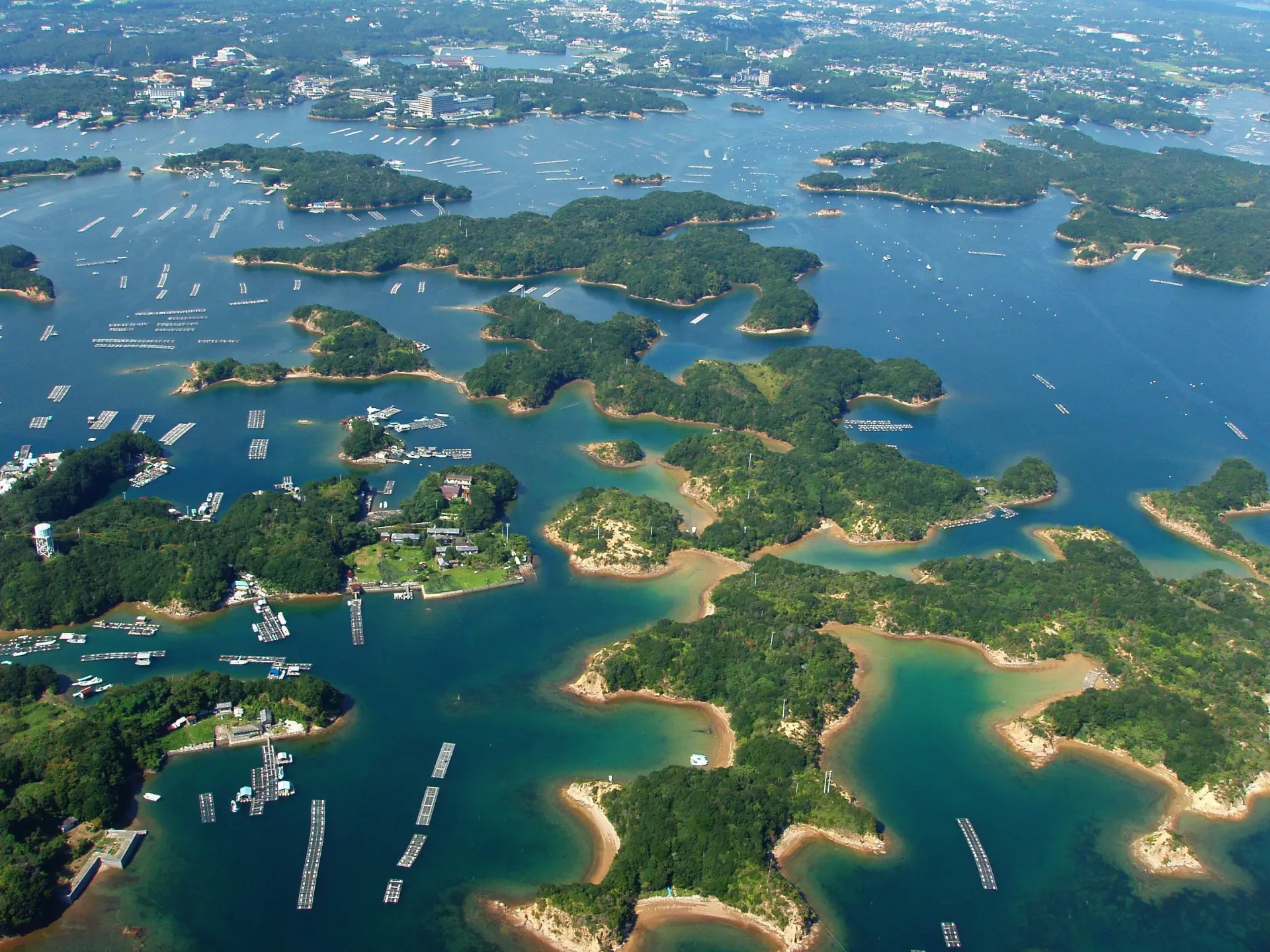 水面と陸地が複雑に入り組み、奥行きのある湾の景観が印象的