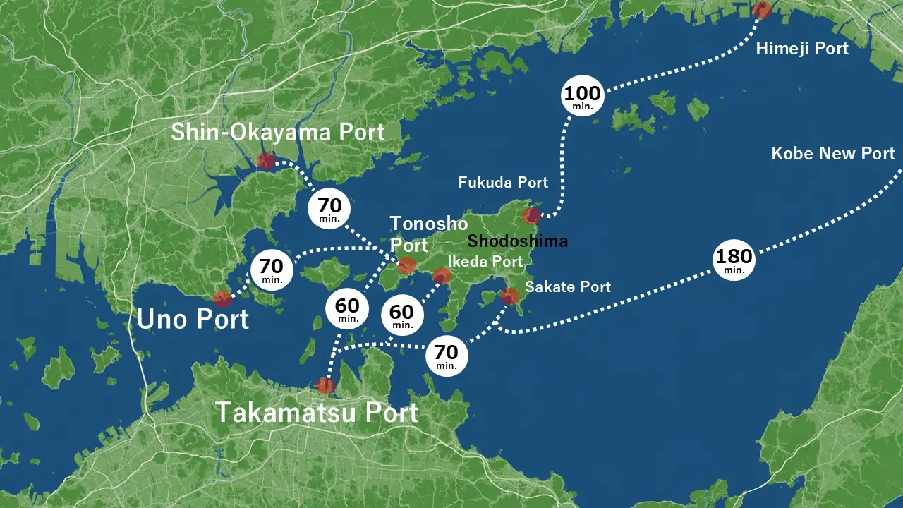 Accessible from Kobe, Himeji, Okayama, and Takamatsu. (Travel times on the map are approximate.)