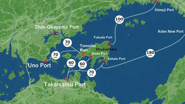 Accessible from Kobe, Himeji, Okayama, and Takamatsu. (Travel times on the map are approximate.)