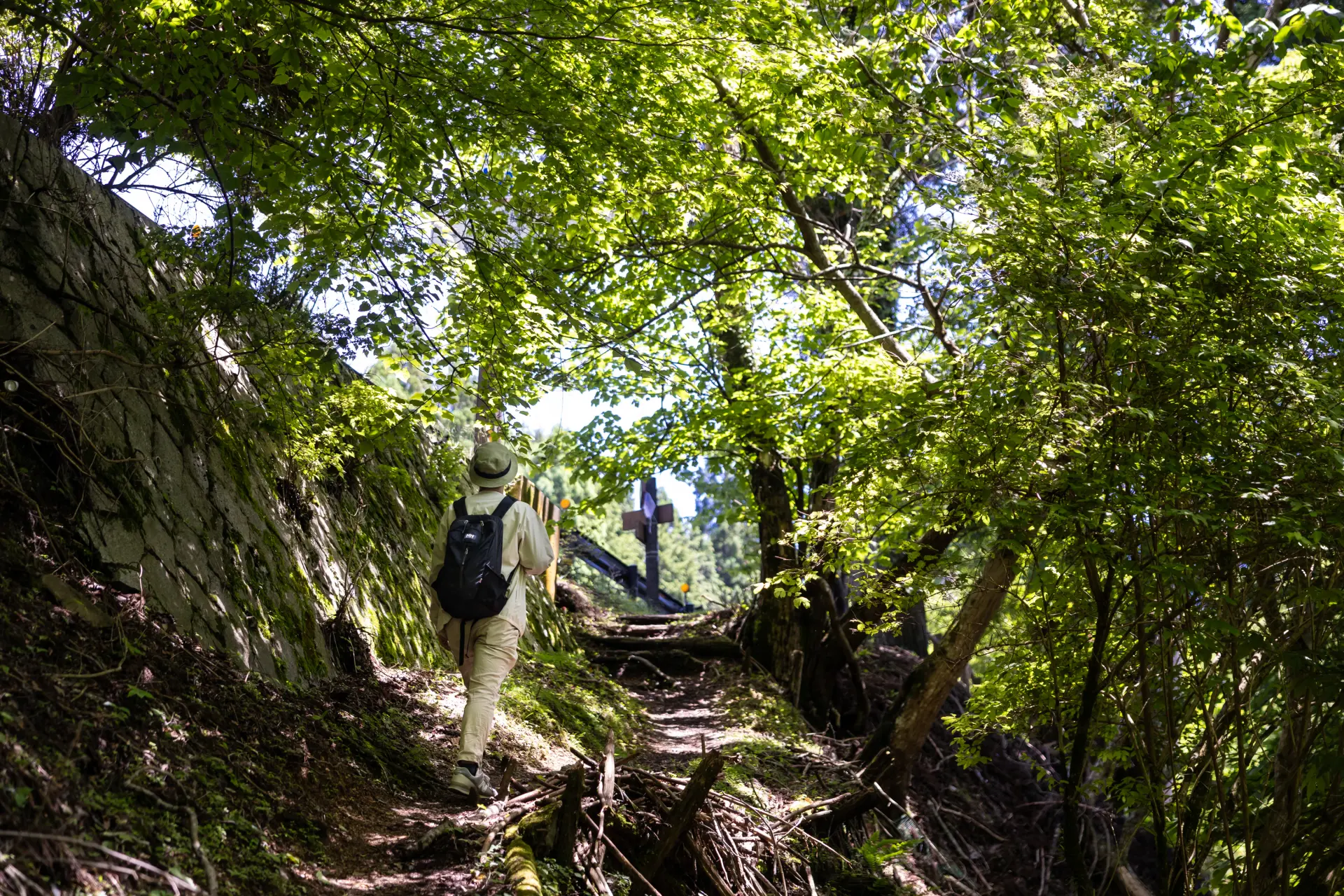 The final stretch of the forest road is a gently winding slope. Beyond it awaits Dai-mon Gate, the gateway to Koyasan.