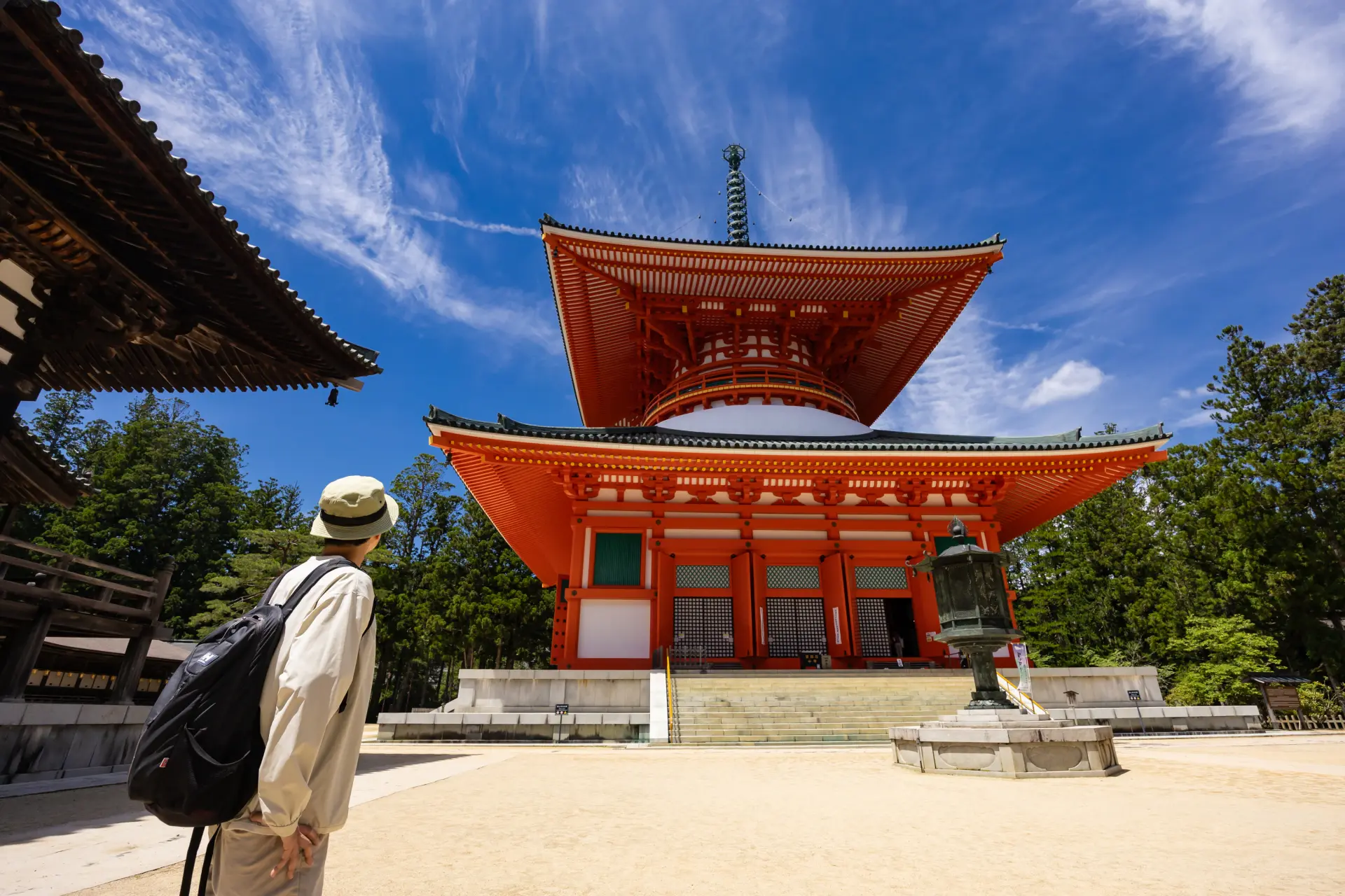 The sight of Konpon Daito Pagoda brings a powerful sense of accomplishment after the long journey.