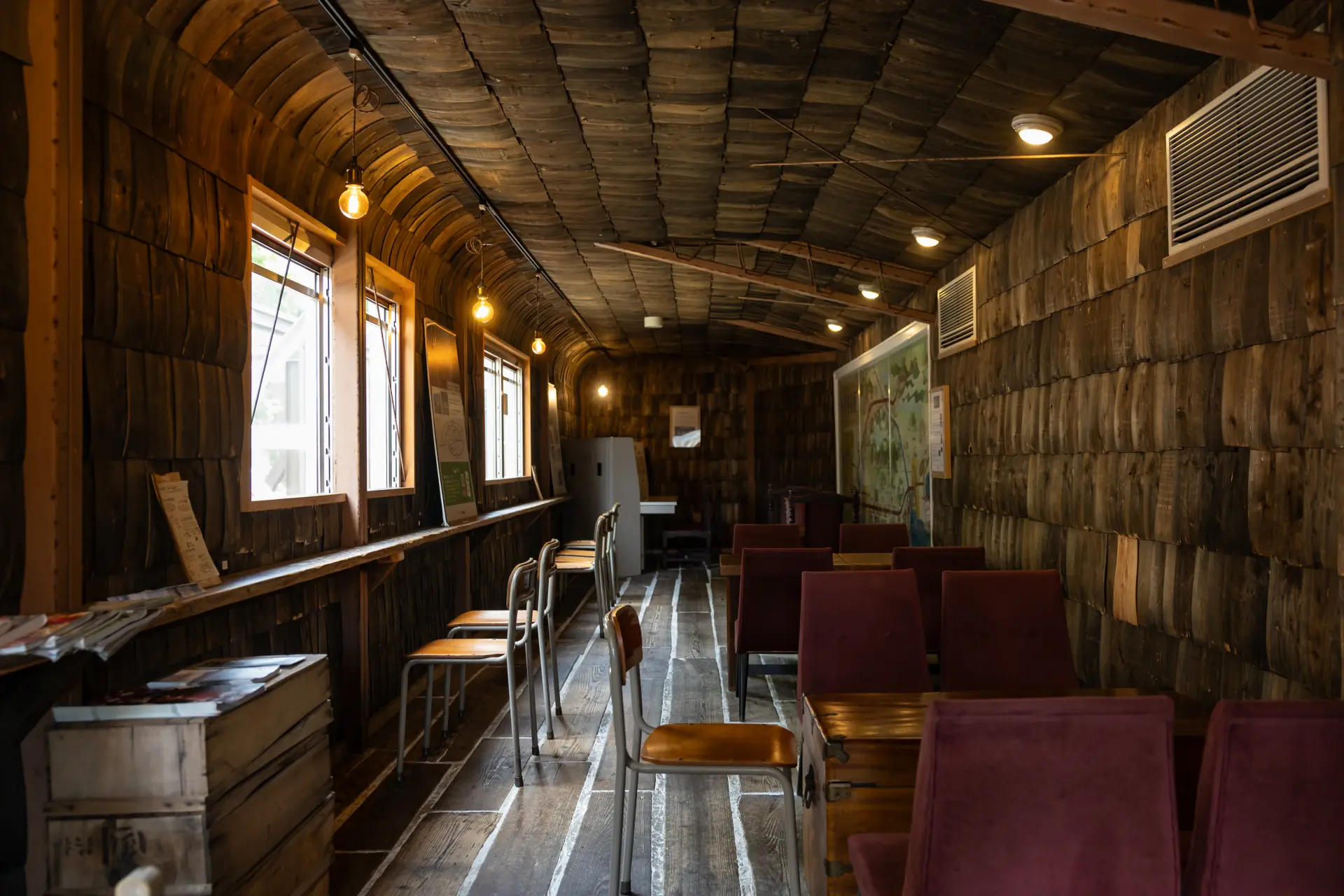 An eat-in area is also available. The door was taken from an actual railway car.