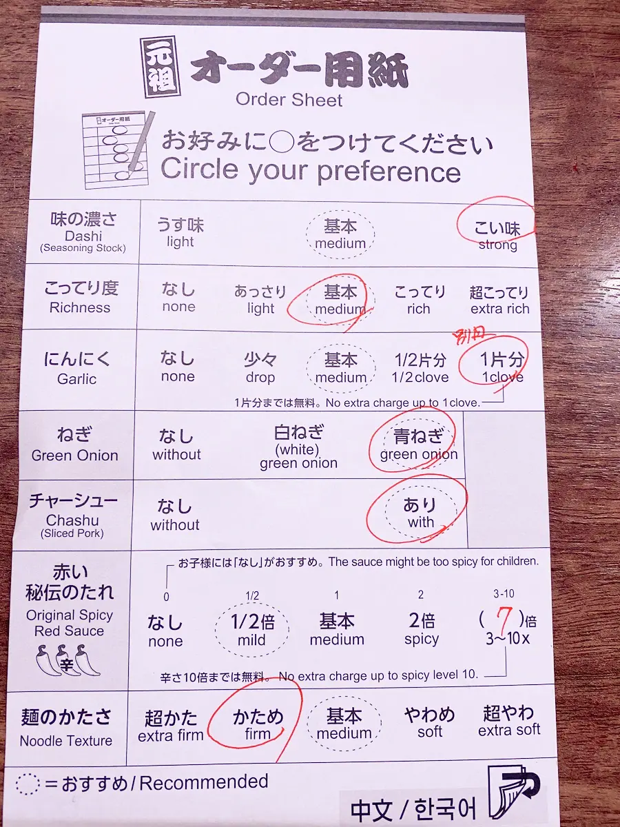 可自由選擇7個項目的「一蘭點餐用紙」