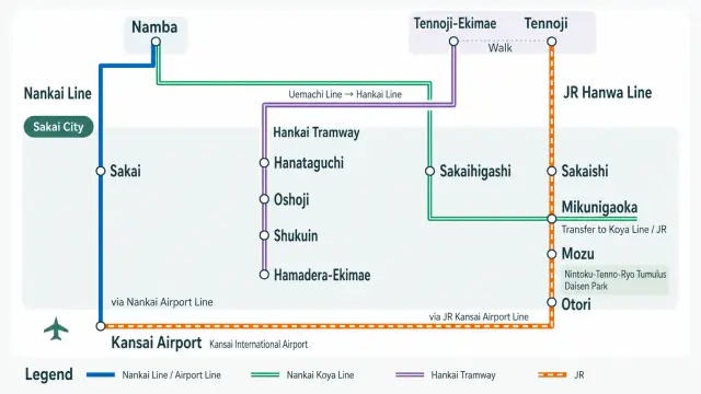 Access map to Sakai from Kansai International Airport and central Osaka