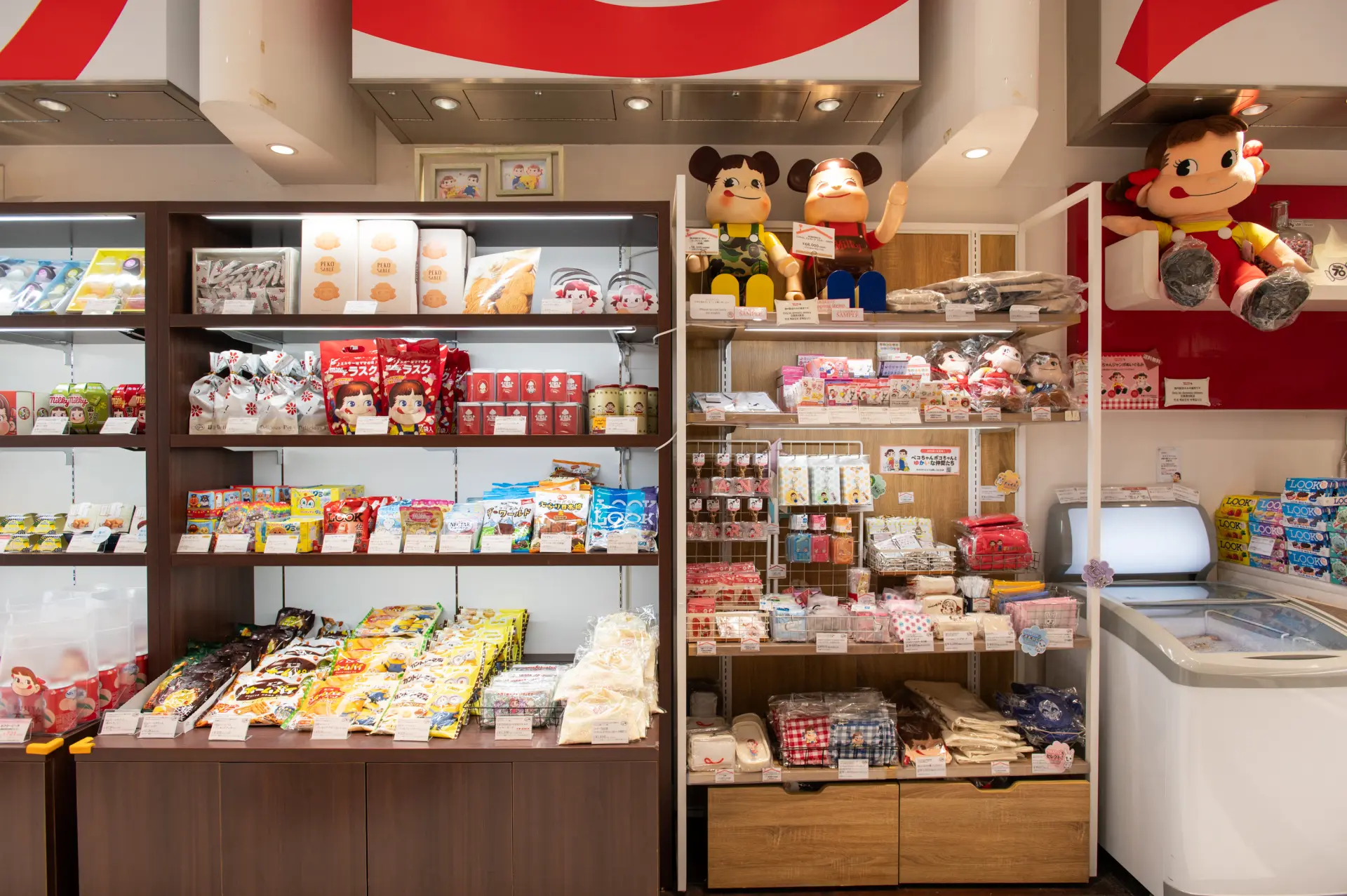 A wide selection of sweets and Peko-chan character goods