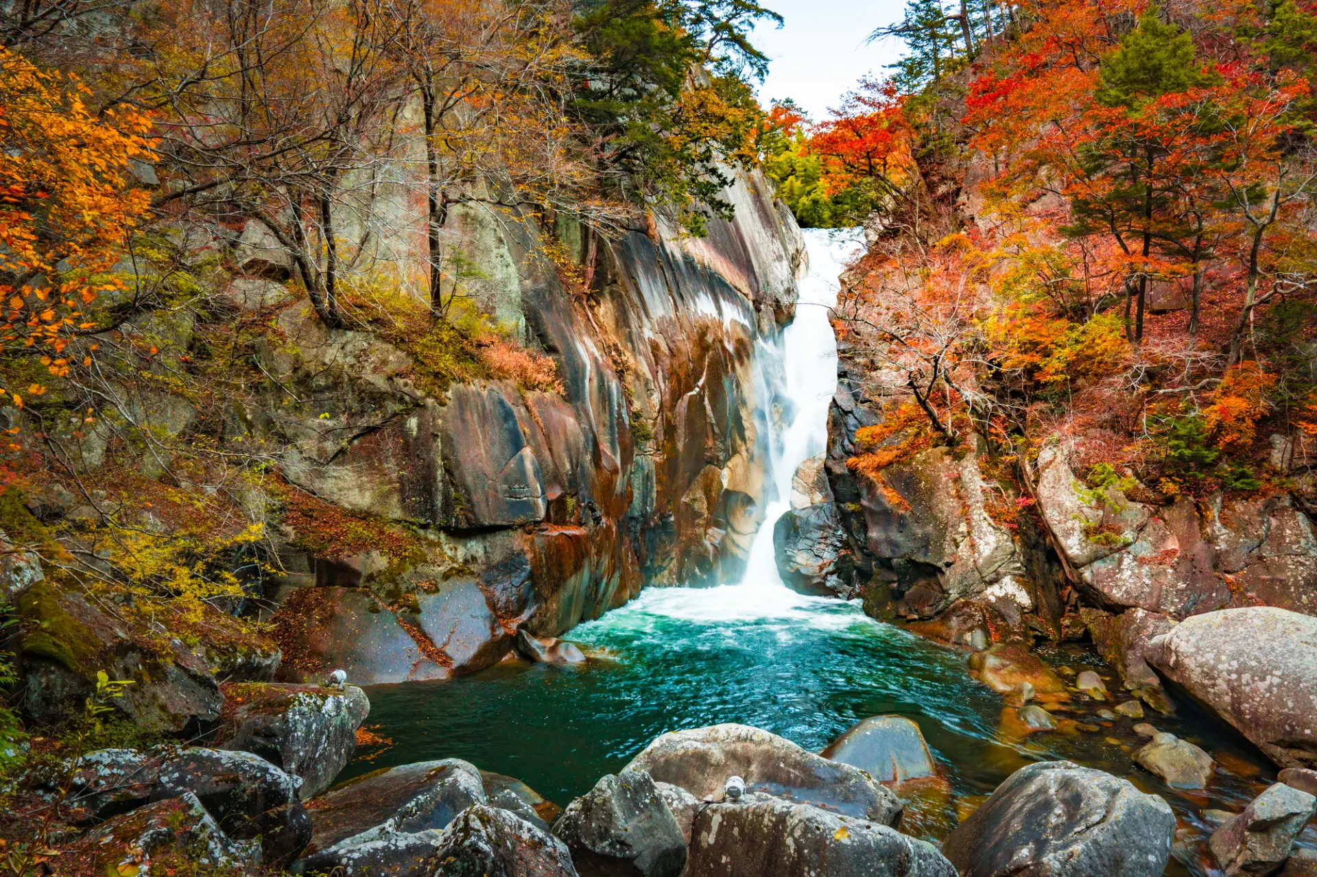 秋には紅葉に彩られた姿を見せる仙娥滝