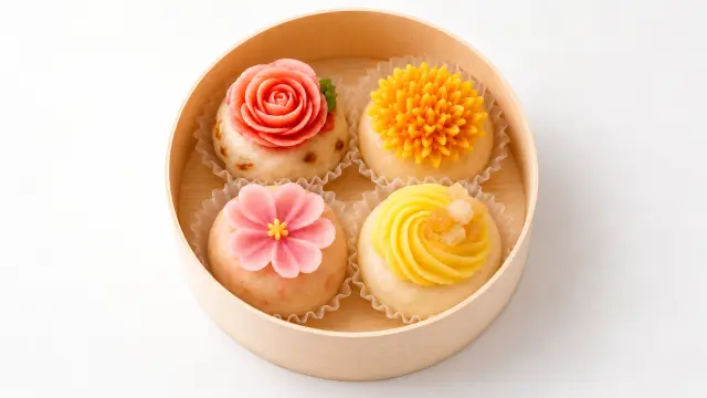 豆沙花朵在御萩上綻放，四季色彩細緻迷人