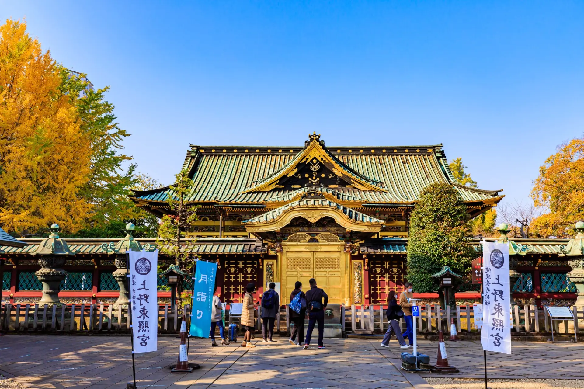精緻な装飾が目を引く唐門と、その奥に建つ拝殿