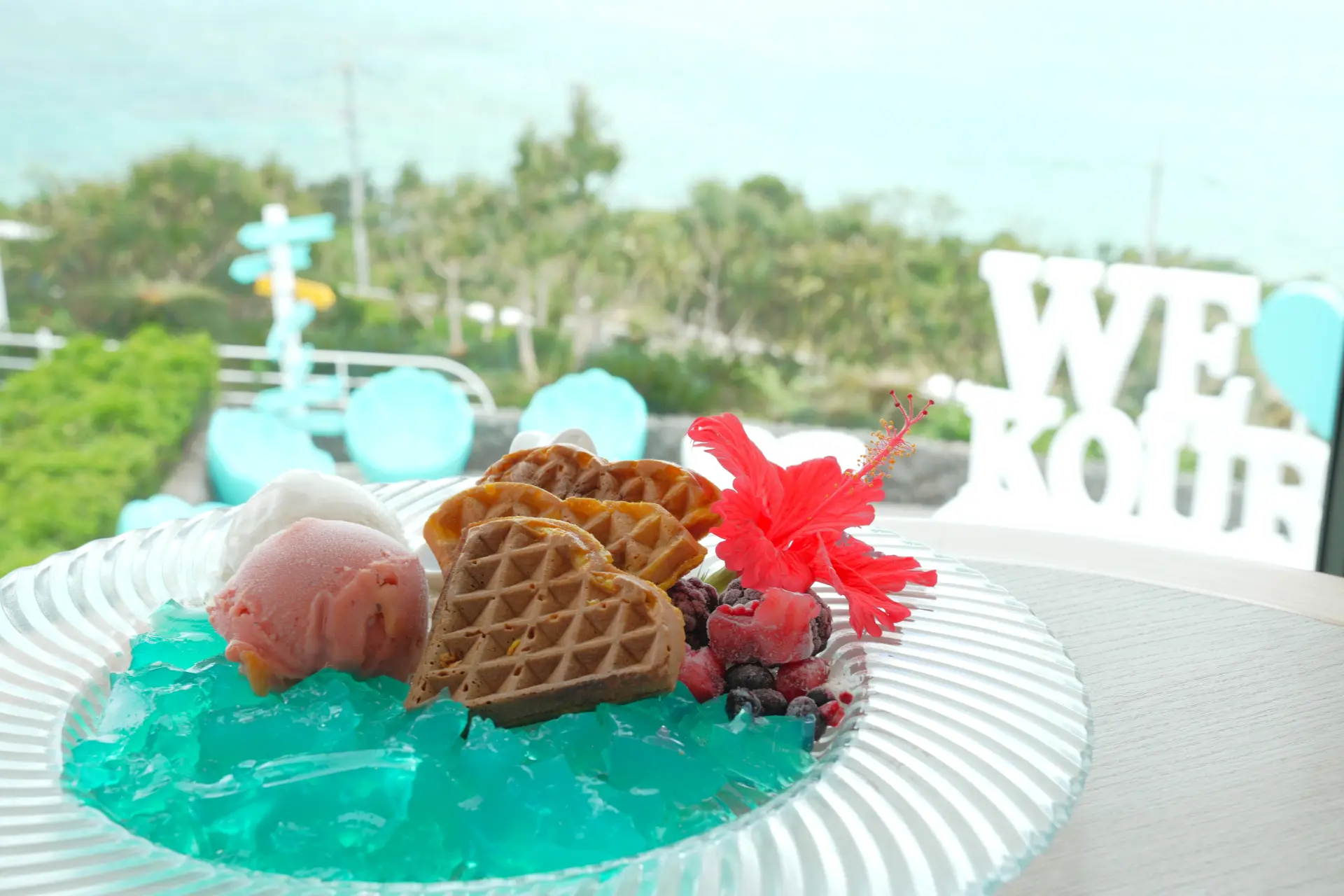 The Kouri Island Pumpkin Heart Waffle served with a spectacular view