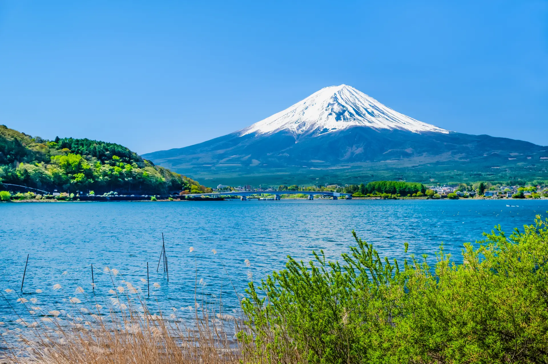 河口湖の向こうに雄大な富士山がそびえる、山梨を代表する絶景
