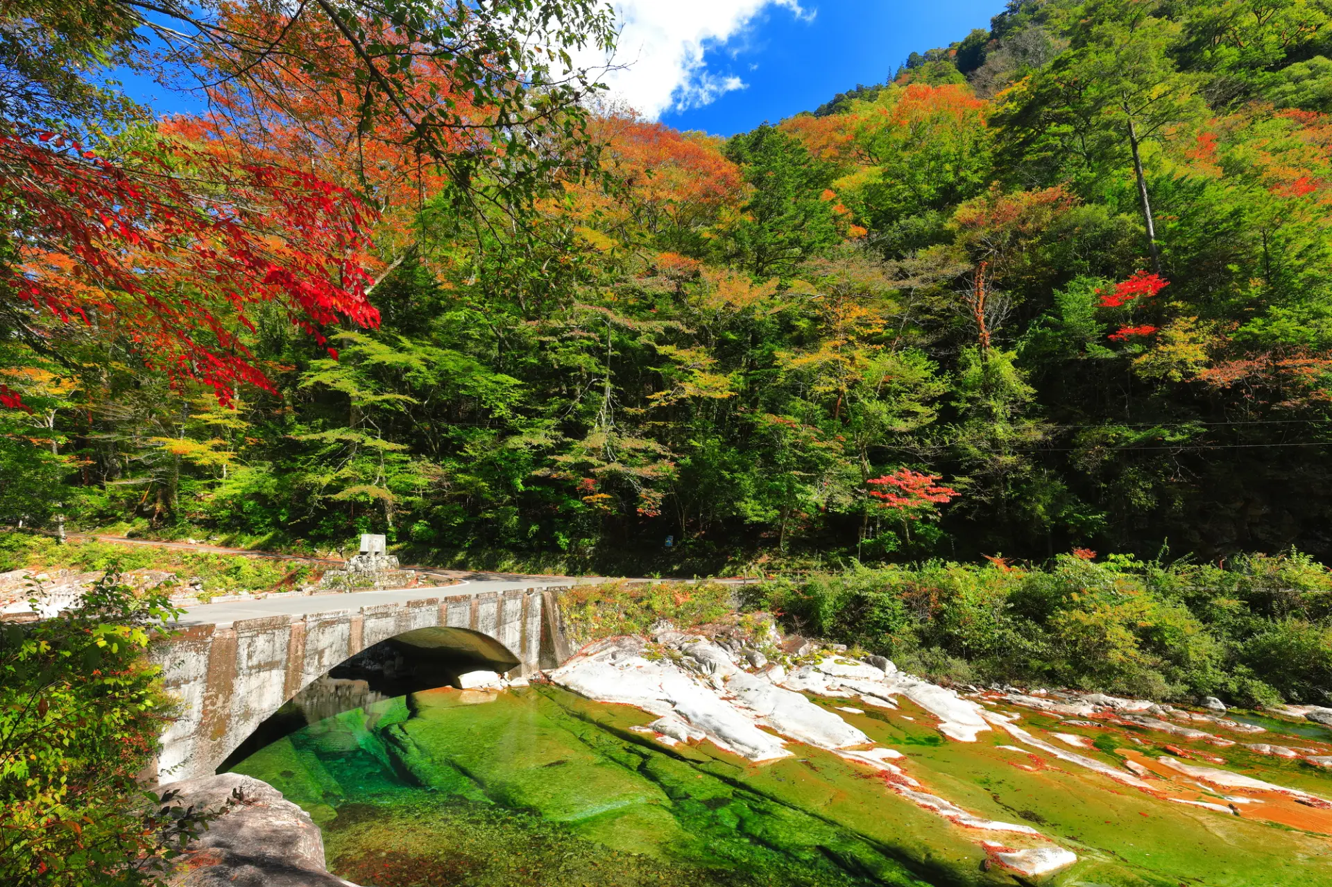 透明度の高い清流と紅葉の景色が美しい