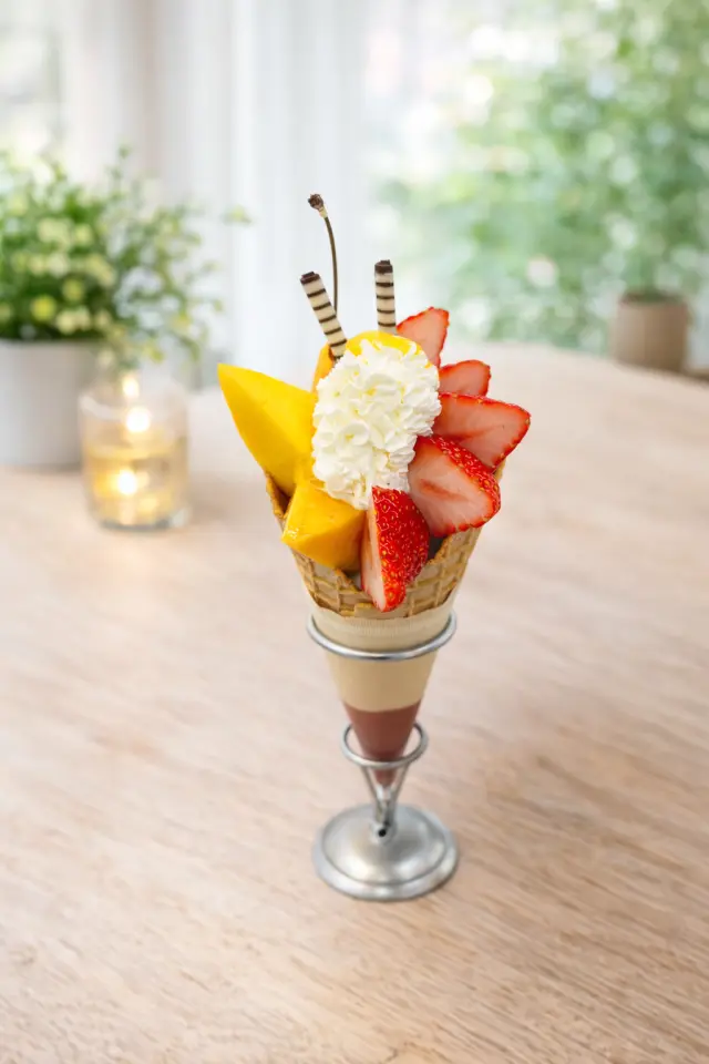 芒果的甜香與夏秋草莓的酸味相得益彰的「芒果&夏秋草莓聖代」