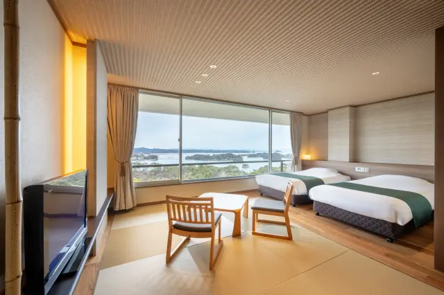 時間とともに表情を変える松島の絶景を寝室から堪能