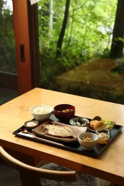 木をふんだんに使った店内から、外の自然を眺められる
