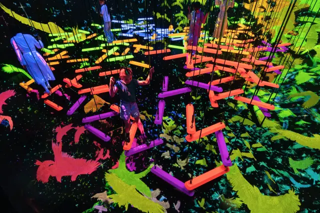 光と音が加わることで生まれる新感覚のアスレチック体験
チームラボ《イロトリドリのエアリアルクライミング》© チームラボ