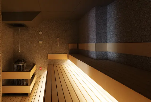 国産ヒバ材を使用。しっかりした温度と湿度で汗をかけるサウナ（Photograph credit : Yurika Kono）