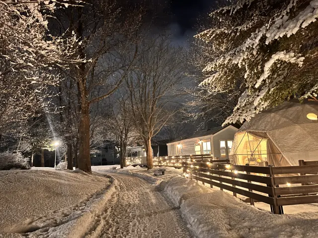 雪景色とライトアップが幻想的な夜
