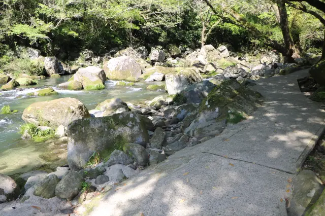 清らかな清流沿いの遊歩道を進む