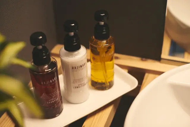 A full range of amenities is provided, including shampoo, towels, and a hair dryer.