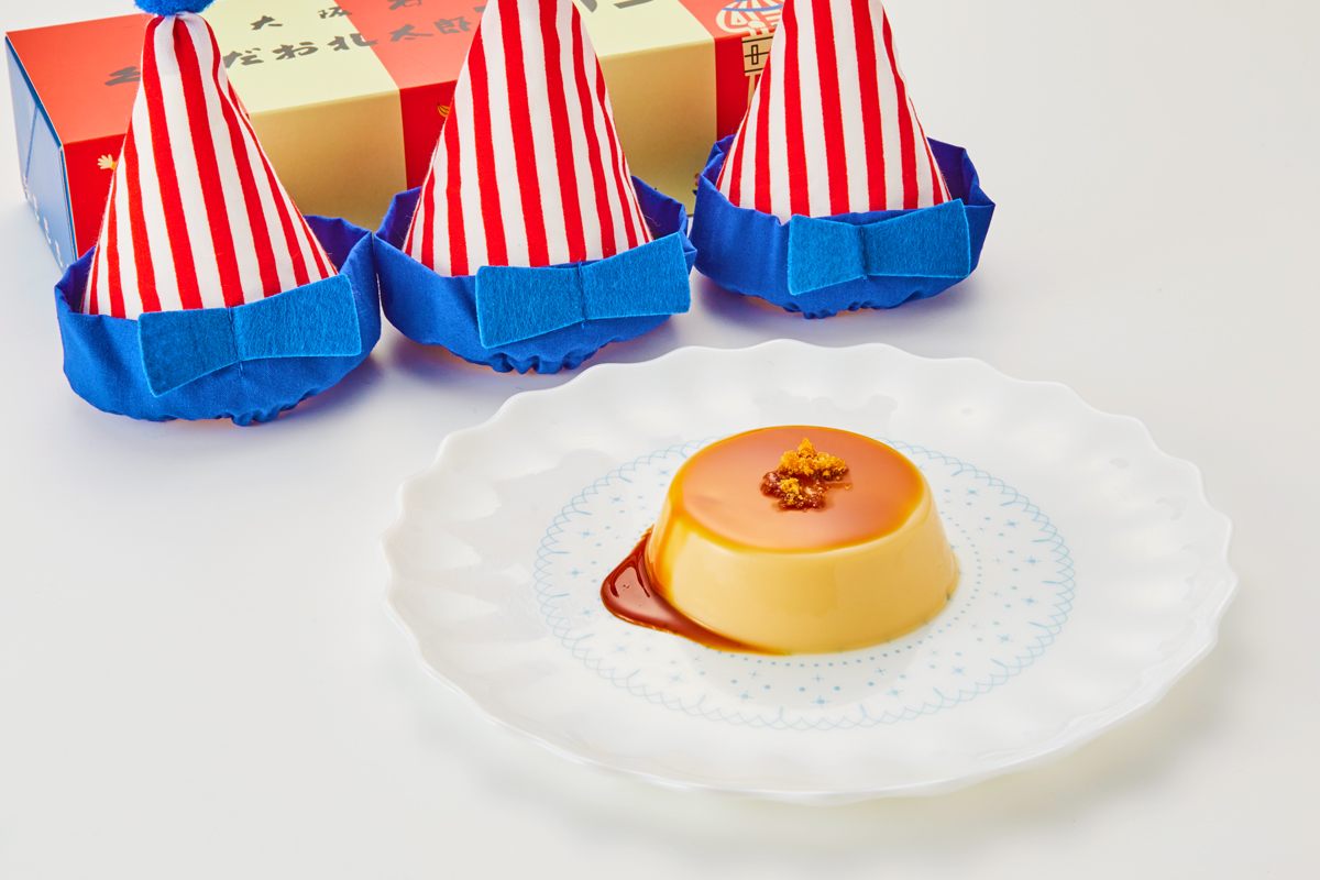 A pudding with a design of the iconic Osaka character "Kuidaore Taro".