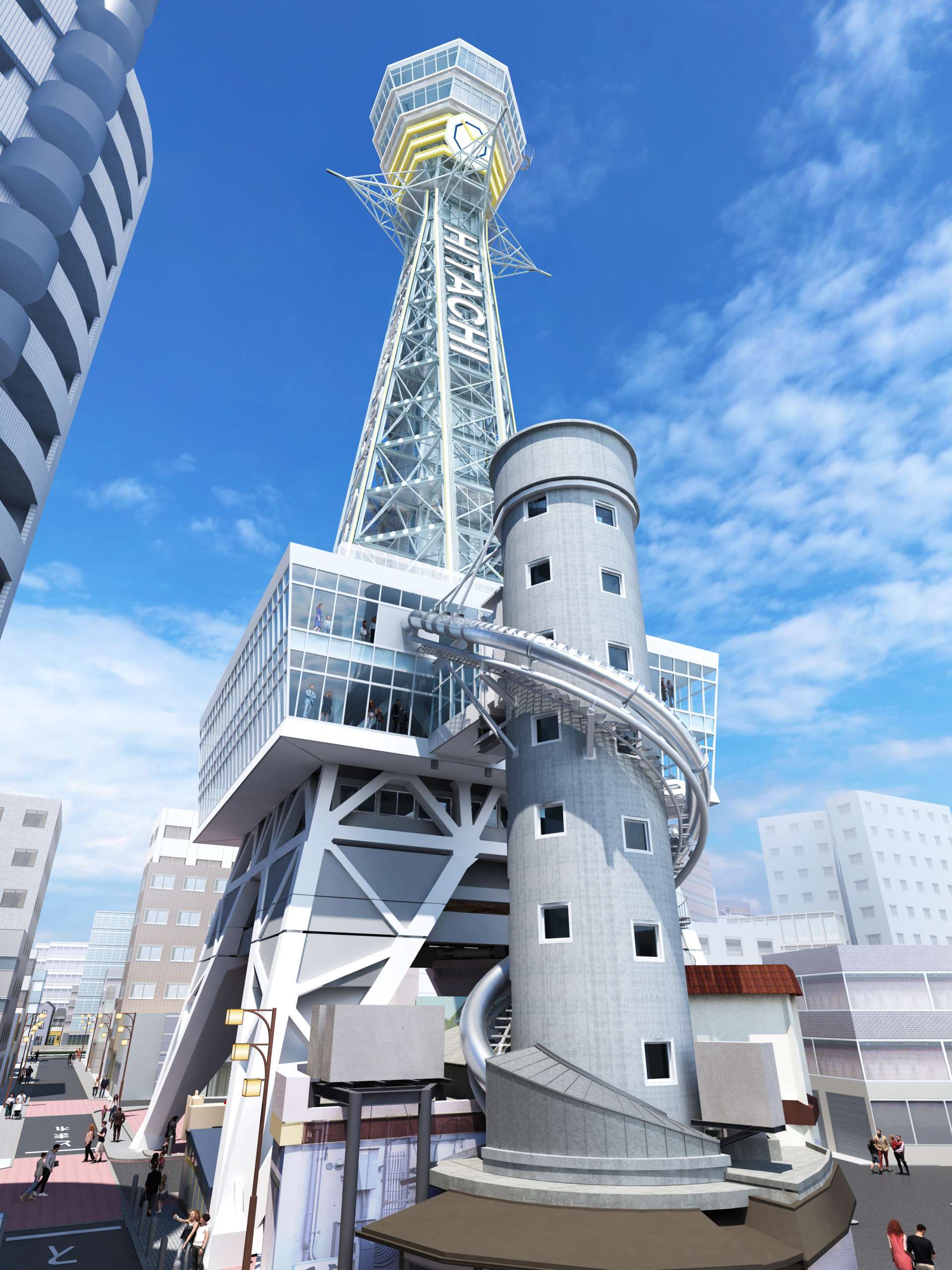 The TOWER SLIDER, sliding down from 22 meters up to the Basement 1st floor (4.5 meters underground) in an instant!